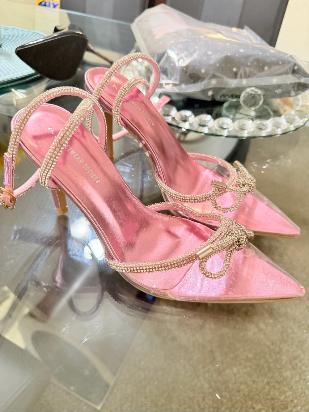 Streetwear Society Pink Satin Pointed-Toe Heels with Crystal-Strap Detail